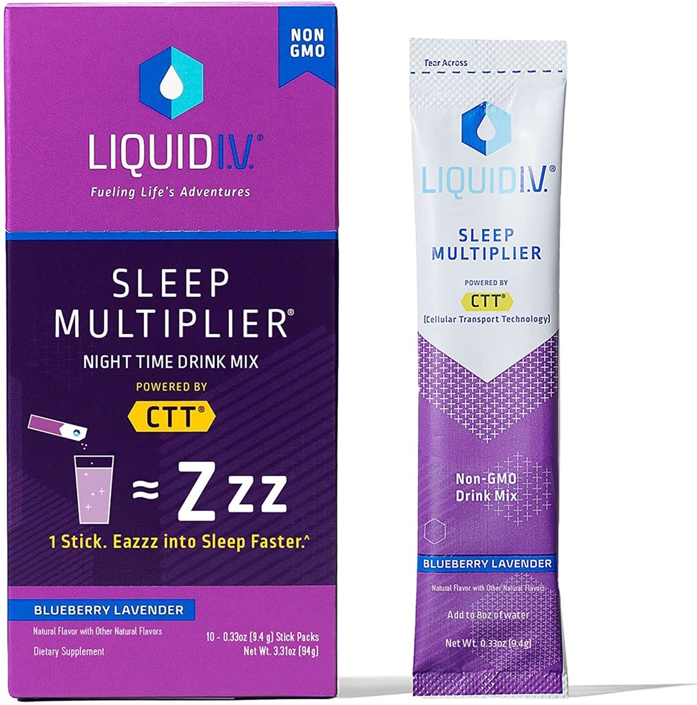 Šķidrs I.V.® Hidratācijas palielinājums® +Miegs - Zileņu lavanda - Elektrolītu pulveris Dzēriens Mix Packets   - Ērtas vienkārtas uzlīmes - ne-GMO - 10 Kalpojumi (1. iepakojums)