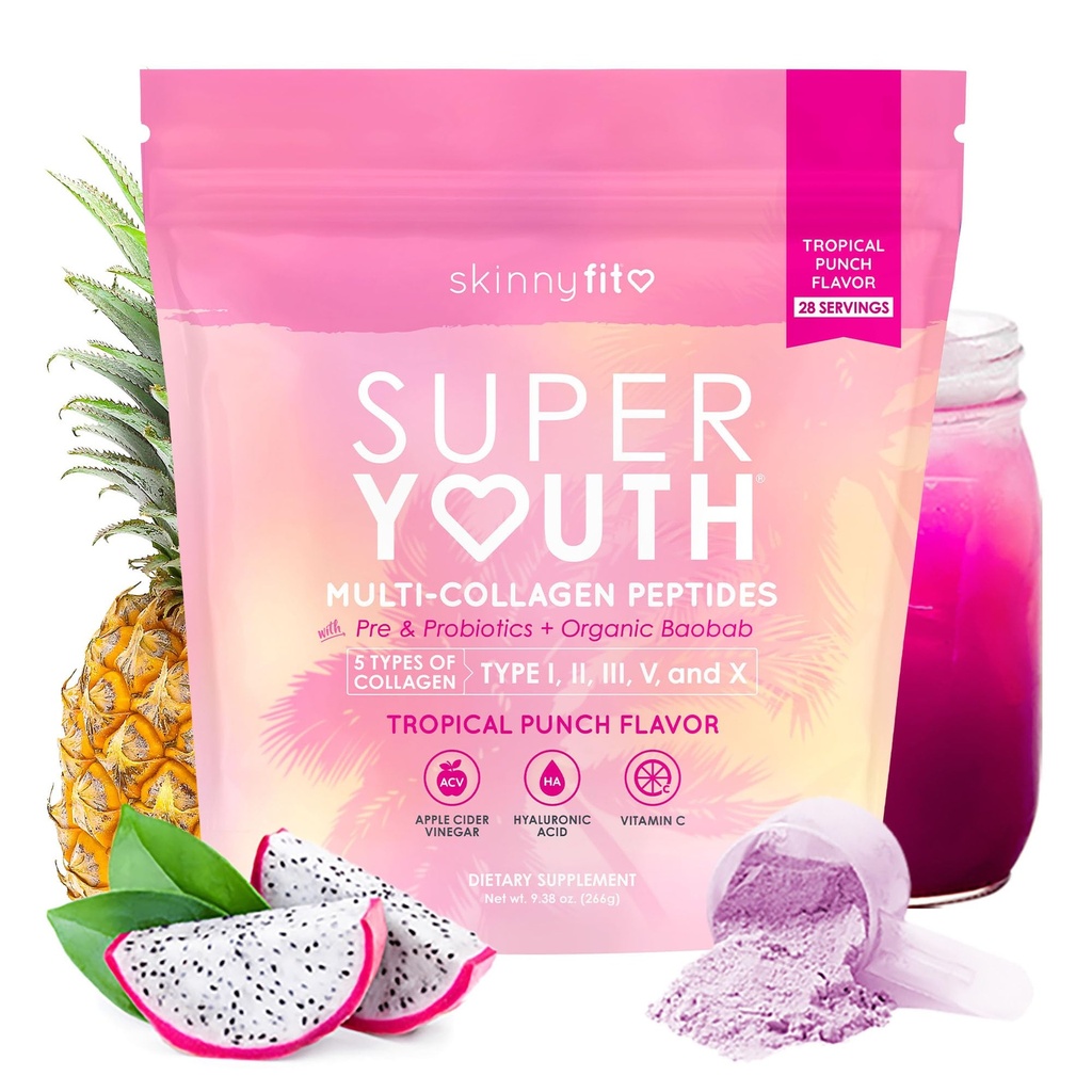 SkinnyFit - Super jauniešu kolagēns sievietēm - Multi kolagēna peptīdi Pulveris - Probiotikas, Fiber, Hyaluronic Acid - ne ĢMO, bez lipekļa, bez cukura - Skaistums un pašaprūpe - tropu plunčs (28 Kalpo)
