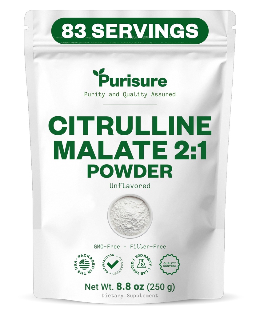 Prizūra L-citrullīna pulveris 250g, Premium Citrulline 2:1 Malāta papildinājums izturības veiktspēju un enerģiju, Pre-Workout Citrulline malāta pulveris - Uzlabot Muskuļu sūkņi un reģenerācija - 83 Kalpo