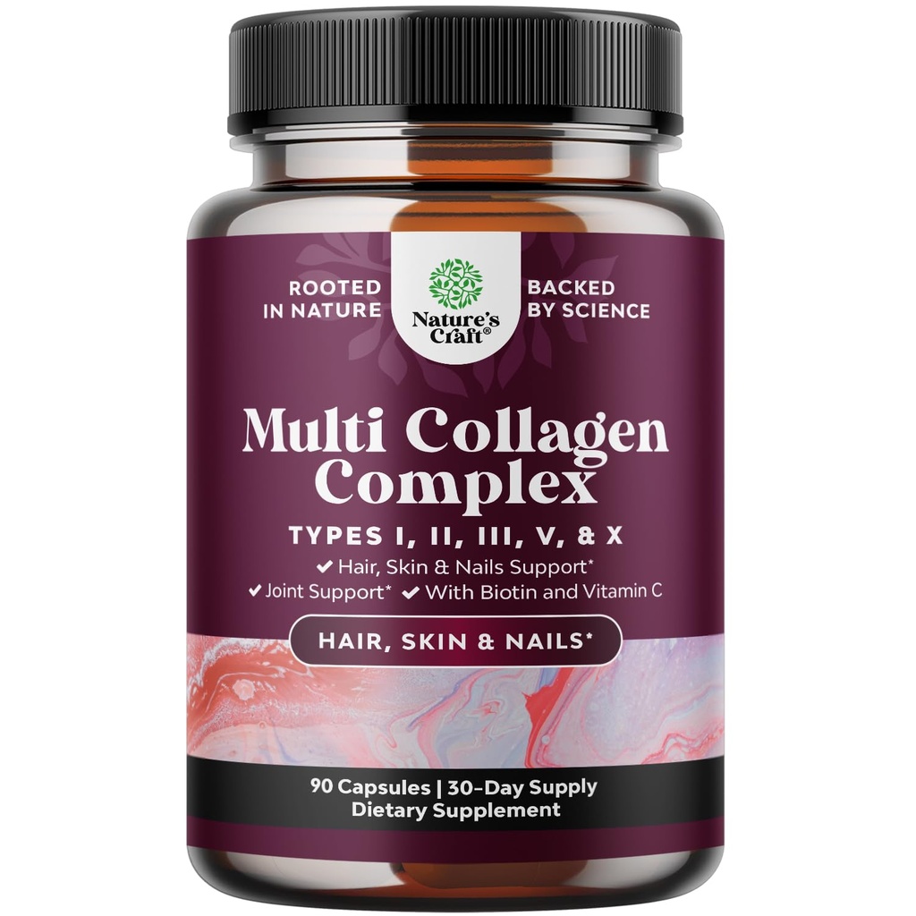 Advanced Multi Collagen Complex - bez vecuma Multi Collagen Peptides Papildinājumi ar tipu 1 2 3 5 & X & Biotīns matiem, ādai un nagiem Vitamīni - Biotīna Papildinājumi sievietēm un vīriešiem - 90 Count