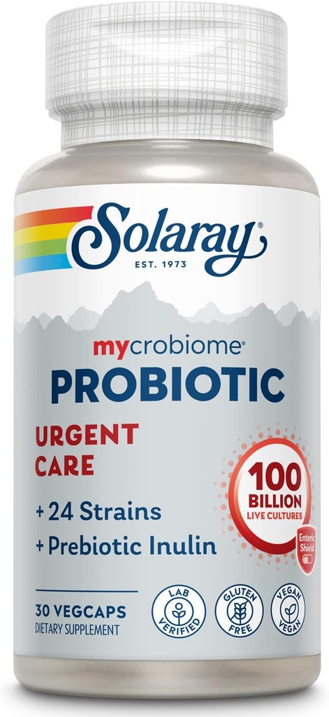 SOLARAY Mycrobiome Probiotikas Steidzama aprūpe         ) Izstrādāts , lai atbalstītu veselīgas gremošanas, imūnās funkcijas & vairāk     ) 100 miljardi KVV  ) 30 VegCaps