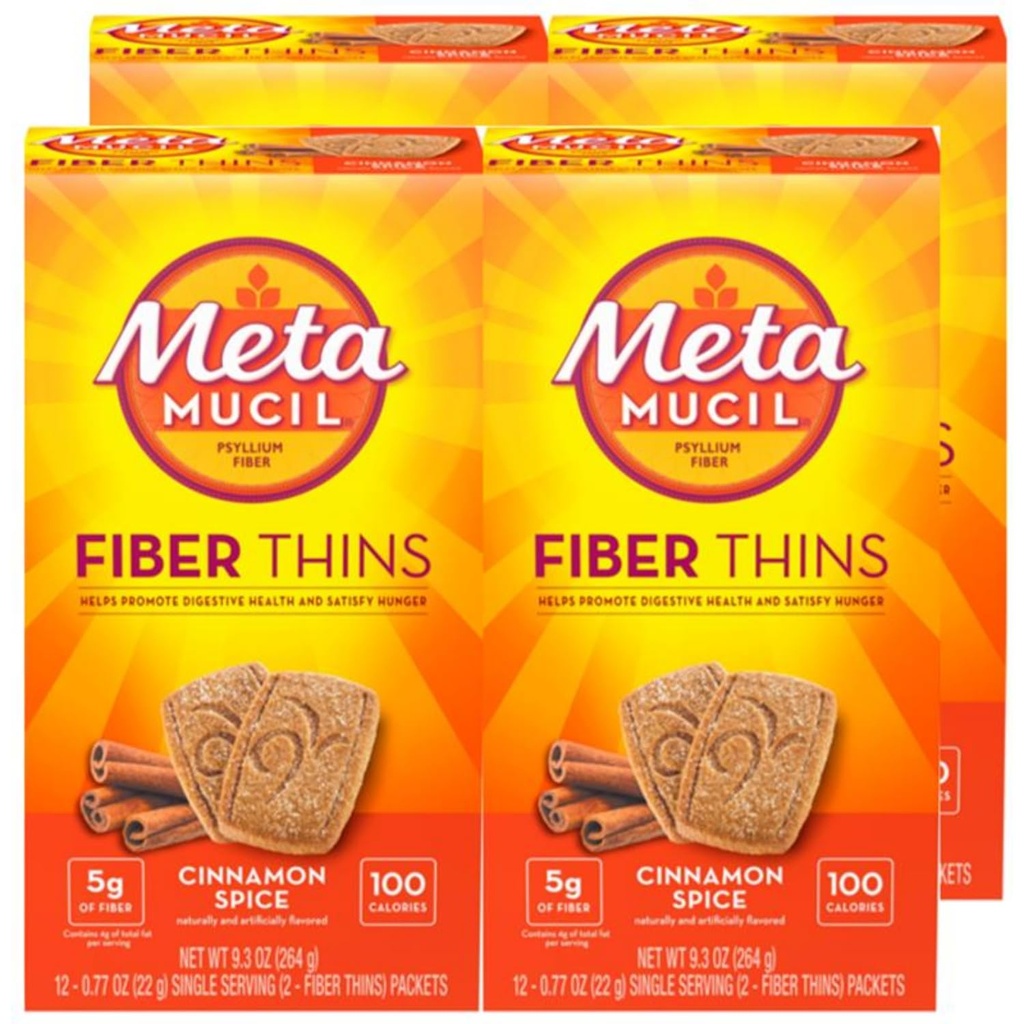 Metamucil Fiber Thins, Daily Fiber Papildinājums Snack, Psyllium Husk Pulveris, 5g Fiber uz vienu Kalpo, Atbalsta Gremošanas Veselības un Satisfies Bads, Cinnamon Spice Flavor, iepakojumā 4, 12 Kalpo katru