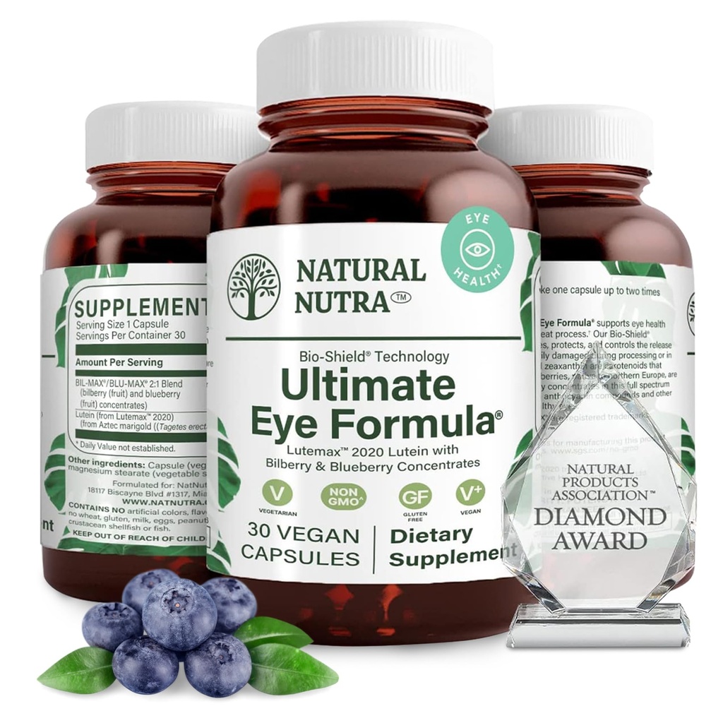 Dabas Nutra Ultimate Acu veselības papildinājums - Melleņu un melleņu ekstrakts Blend for Day and Night Vision Support, veicina krāsu uztveri un acu dzidrumu - Non-GMO, Gluten-free, Vegan - 30 kapsulas