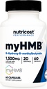 Nutricost myHMB kapsulas 1500MG kalcija HMB Per apkalpo, 60 kapsulas, 20 apkalpo - veiktspējas līnija, kalcija B-hidroksi B-metilbutirāta monohidrāts