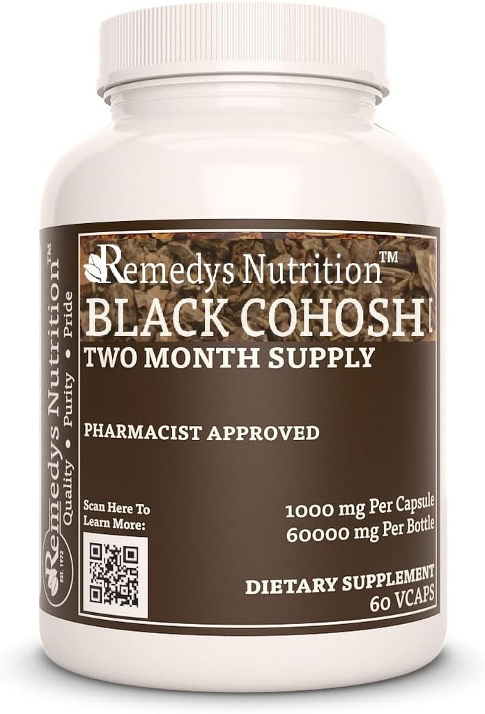 Remediy uzturs Black Cohosh -1000 mg, 60 Vegan kapsulas Herbal Diētiskā papildinājums - Divu mēnešu piegādes