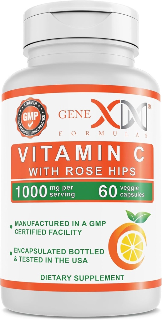 Genex Formulas 1000mg C vitamīns ar Rose HIPS (60 kapsulas) Atbalsta veselīgu imūno sistēmu - ne-GMO, bez lipekļa, vegāns (60 dienu piegādes)
