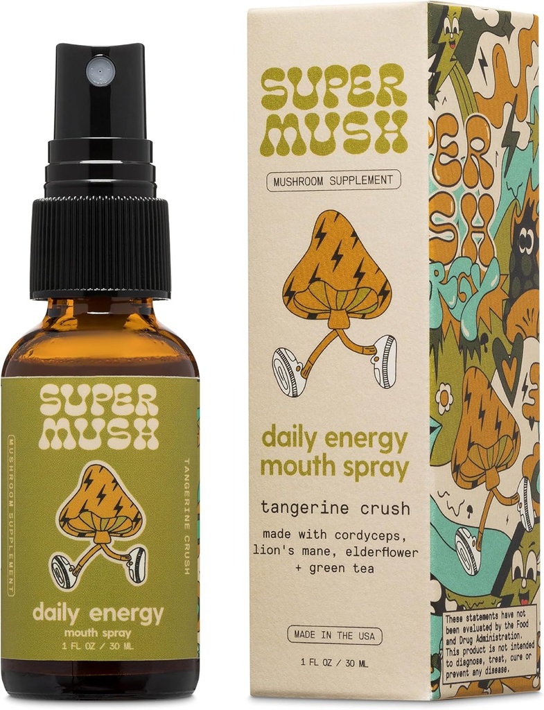SuperMush Daily Energy Mouth Spray - Sēņu papildinājums - Lauvas Mane & Cordyceps Jauktas Sēnes Ekstrakts Tīri šķidrumi Spray priekš Focus, Stamina & Clarity - 30ml Organic Lions Mane Fungi Spray