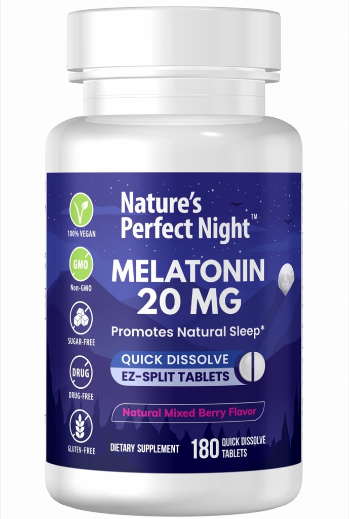 Dabas Perfekta nakts -- Melatonīns 20mg - 180 Ātri izšķīdiniet tabletes -- Dabīgs Jauktas Ogas Flavor -- Augstas potences -- Bez cukura -- Vegan -- bez lipekļa --- Vērtības lielums