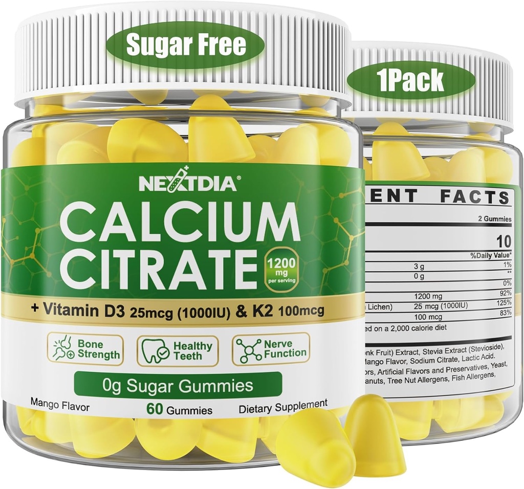 Kalcija citrāts Gumijas 1200mg ar vitamīnu D3 K2, košļājamā kalcija piedevas sievietēm un vīriešiem, augstas potences atbalsts B0ne, Te*th, spēks un imūnā veselība, Mango Flavor, ne-GMO, bez cukura, 60 Cts