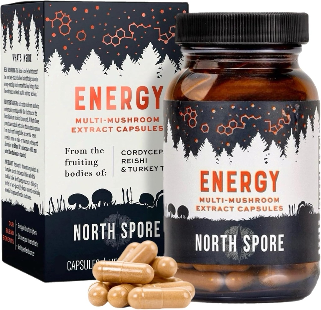 Organiskās “Enerģija” Sēņu ekstrakta Kapsulas Papildinājums - Stamina & Izturība - Cordyceps, Reishi, Turkey Aste --100 % Fruiting Body Extracts - Vegan, Non-GMO -Ražots ASV - 120ct