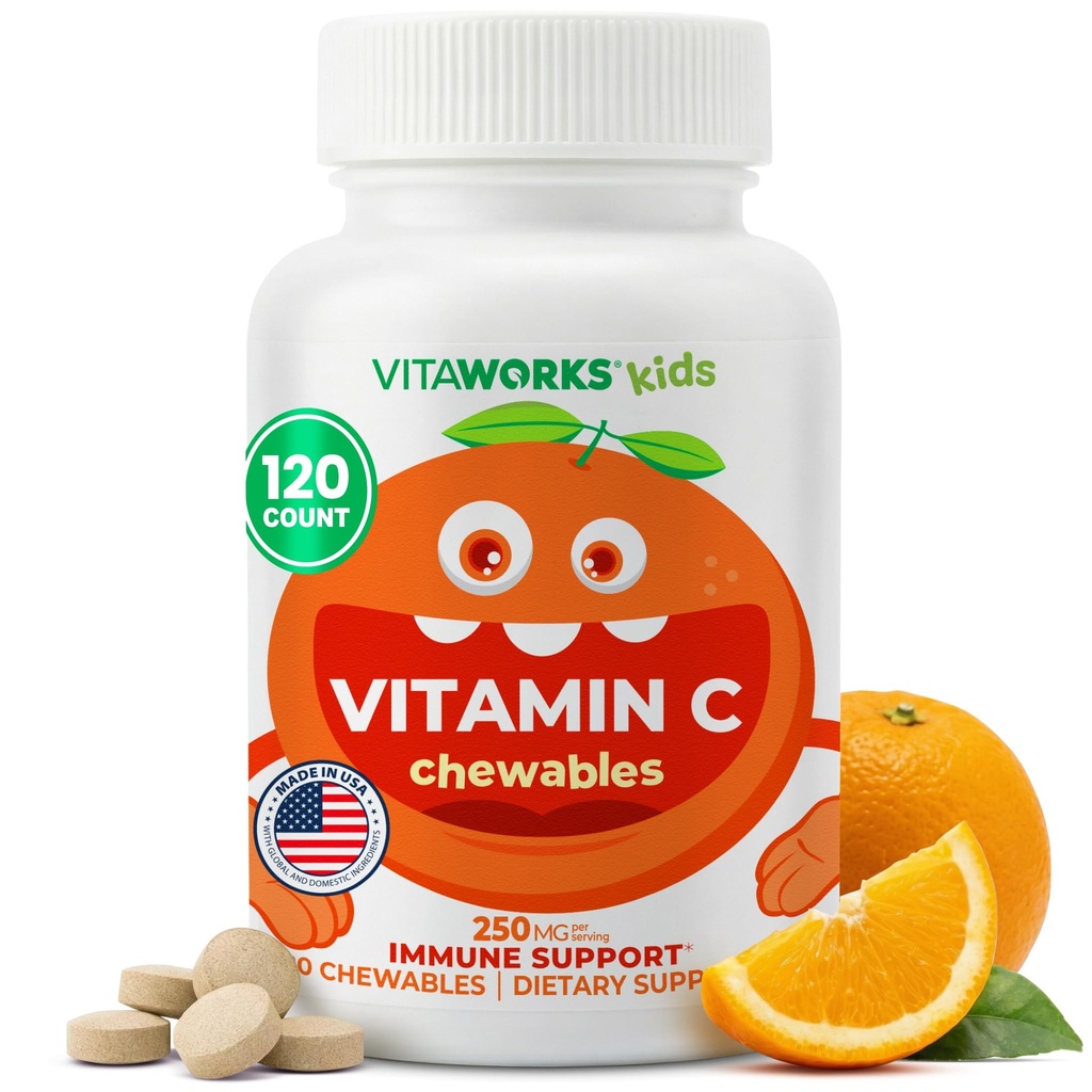 Bērni C vitamīna košļājamās tabletes 250mg - Vegāns, bez ĢMO, bez lipekļa, bez Nut Vitamīni - uztura papildinājums imūno atbalstu - bērniem - 120 košļājamās vielas
