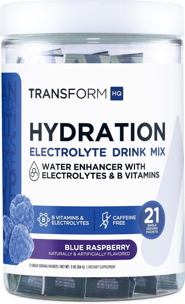 TransformācijaHQ hidratācija Dzērienu maisījums (21 viendzīslas paketes, zilā avene) - Hidratācijas papildinājums Blend ar vitamīniem un elektrolītiem