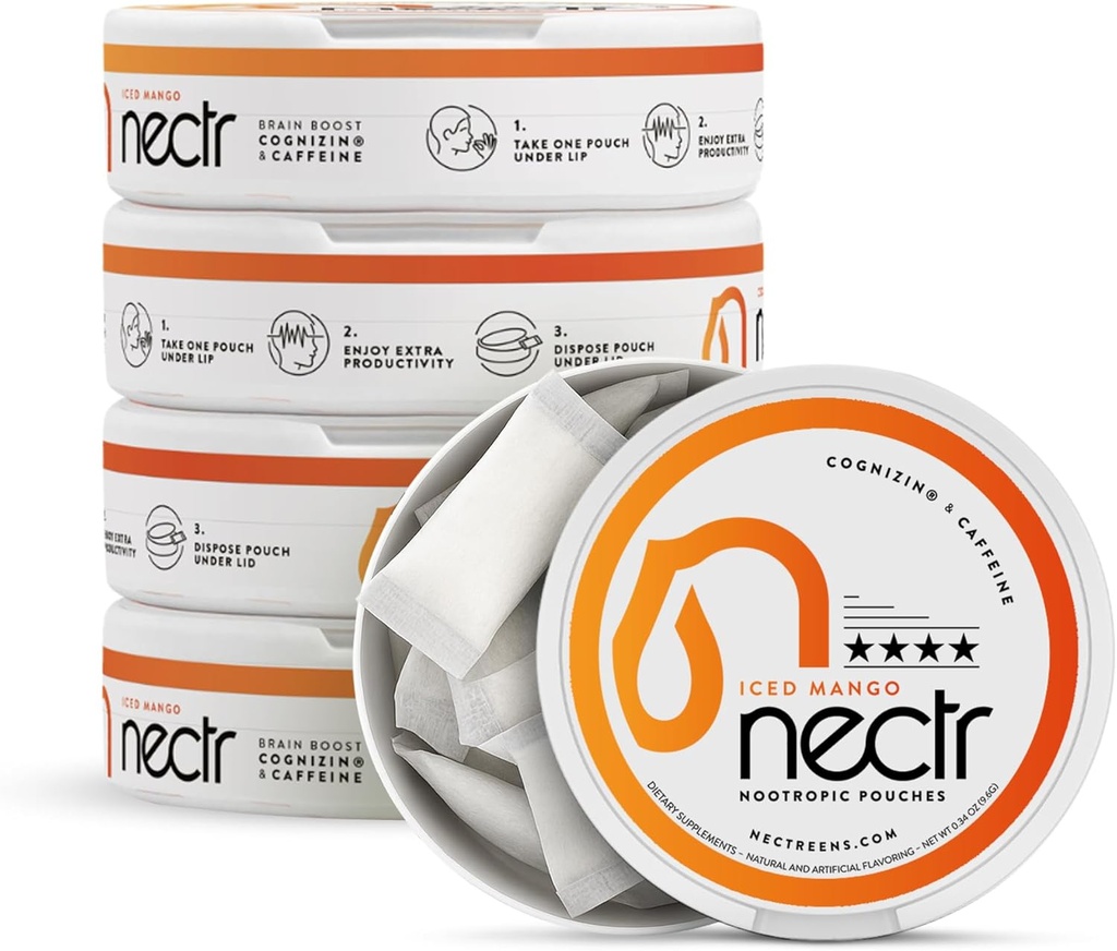 Nectr Energy Nootropic Pouches – Iced Mango Flavored, Cofeine Pouches ar Cognizin® Citicoline. Smadzenes bez cukura ārstē. Gluda, ilgstoša Focus & Enerģijas Papildinājums - 5 Pucks no 16pcs