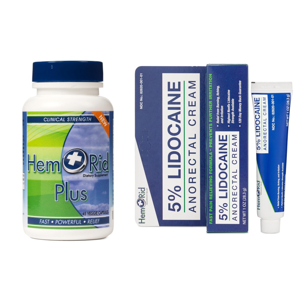 HemRid Plus & Lidokaine Cream Bandle: visaptveroša aprūpe Hemorrhoid Discommort, Crafted ASV