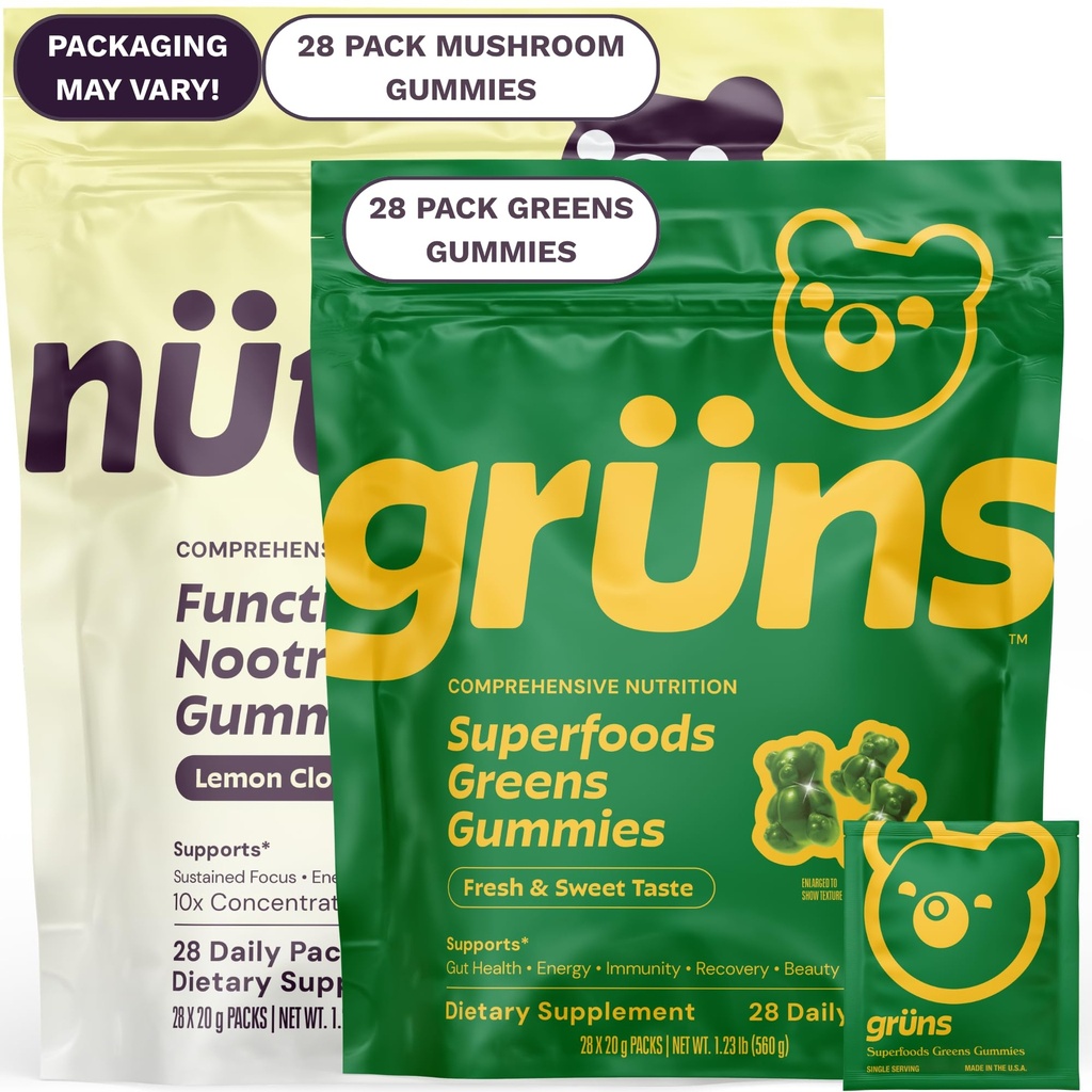 Gruns Superfood Green + New Nütrops Gummy Bundle, Organic Nutritional Papildinājums 2 x 28 Pack: Multivitamīnu, prebiotikas, adaptogens + Nootropic Mushroom augu papildinājums, lai atbalstītu Mood, Focus, Gut