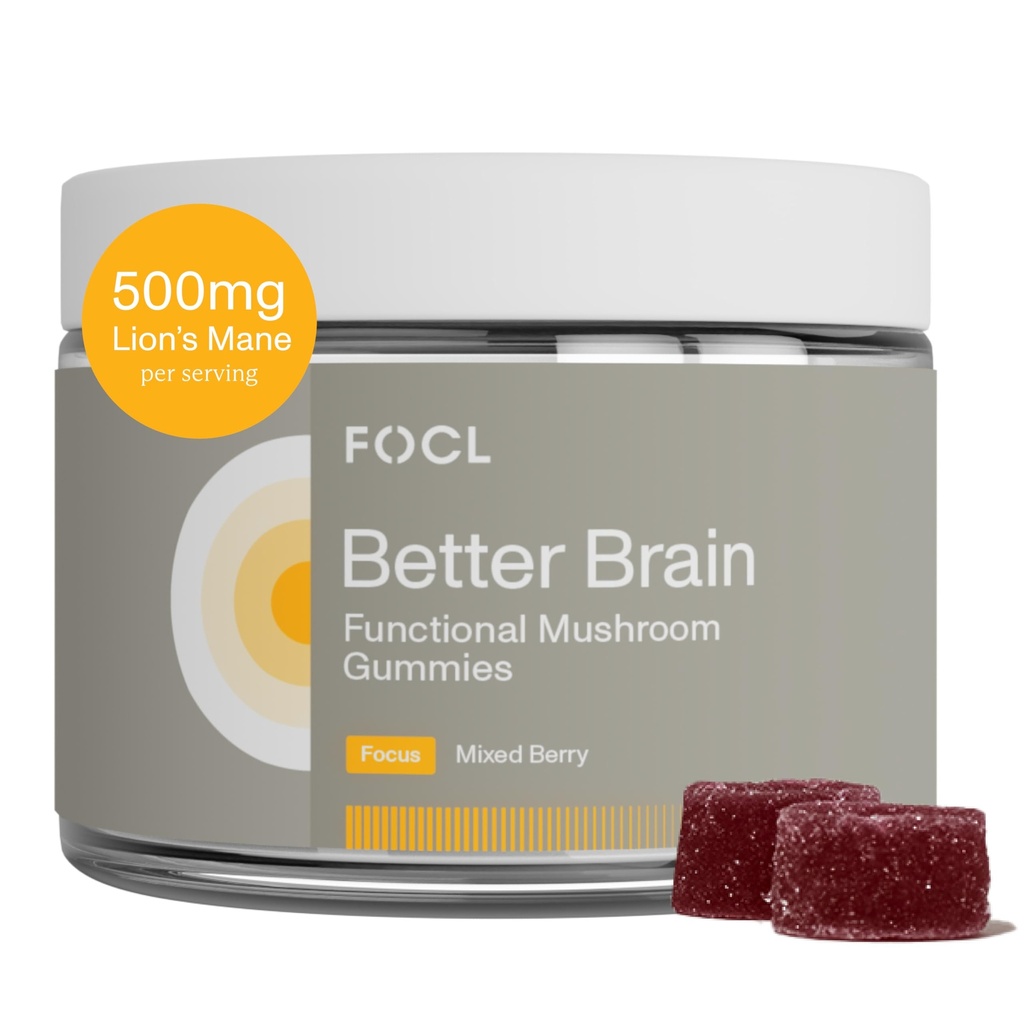 FOCL Lions Mane Sēņu Gumijas - Sēņu papildinājums smadzeņu funkcijas, Focus, Atmiņas, Enerģija, Imūnās Boost, Stamina - Nootropic Complex Lion's Mane, Reishi, Cordyceps - Vegan, Gluten, Organic