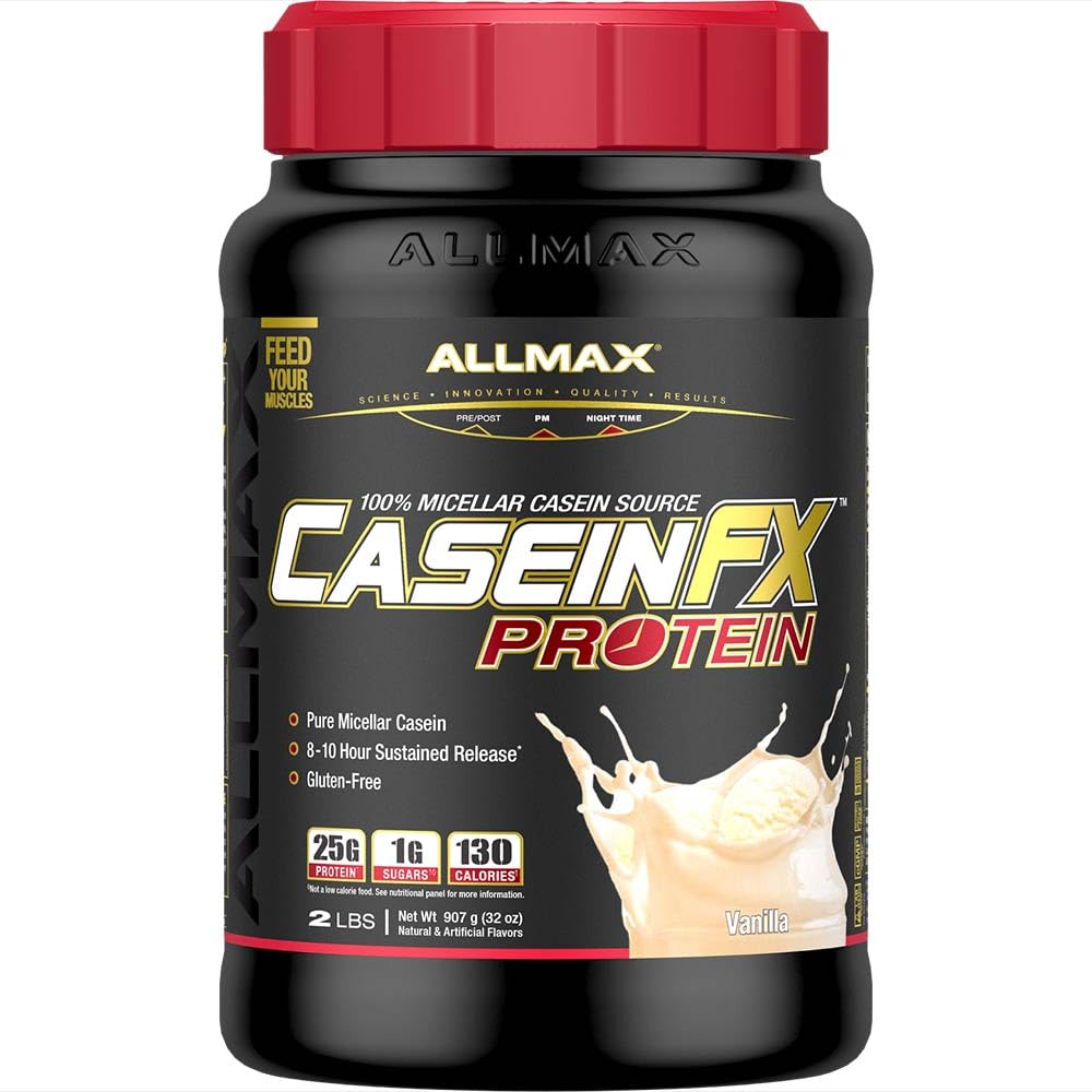 ALLMAX Casein-FX Protein, Vanilla - 2 lb - 25 Grams Slow-Release Protein Per Scoop - Zems Carb & Nulle Pievienots cukurs - aptuveni 27 Kalpo