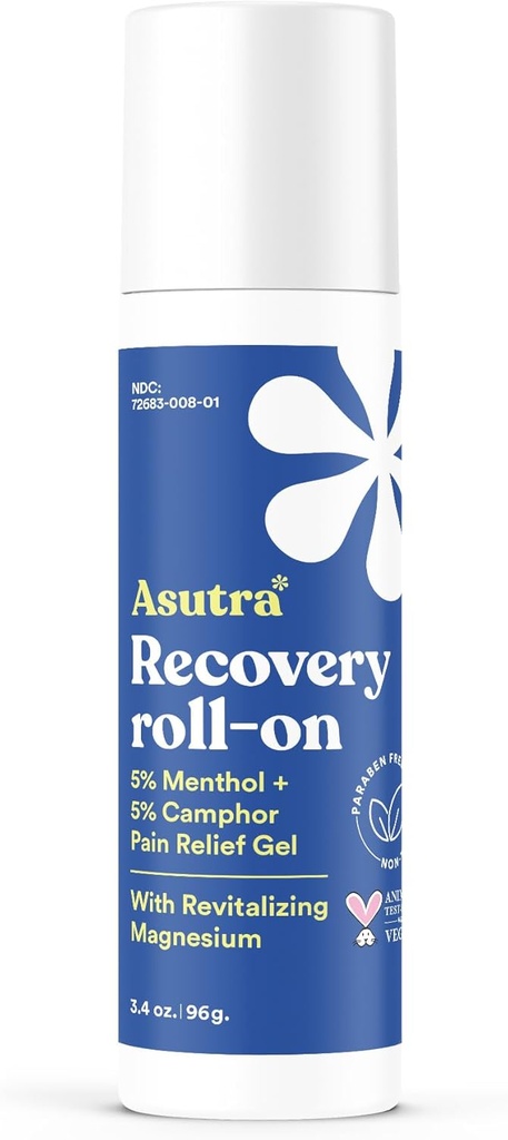 ASUTRA Recovery Roll-On Gel, 3.4 oz - Dzesēšana un sildīšana Sensācija, pagaidu atvieglojums no muskuļu diskomforta un skābuma, bezzāļu aplikators, mentols, kampars un augstākās kvalitātes magnijs