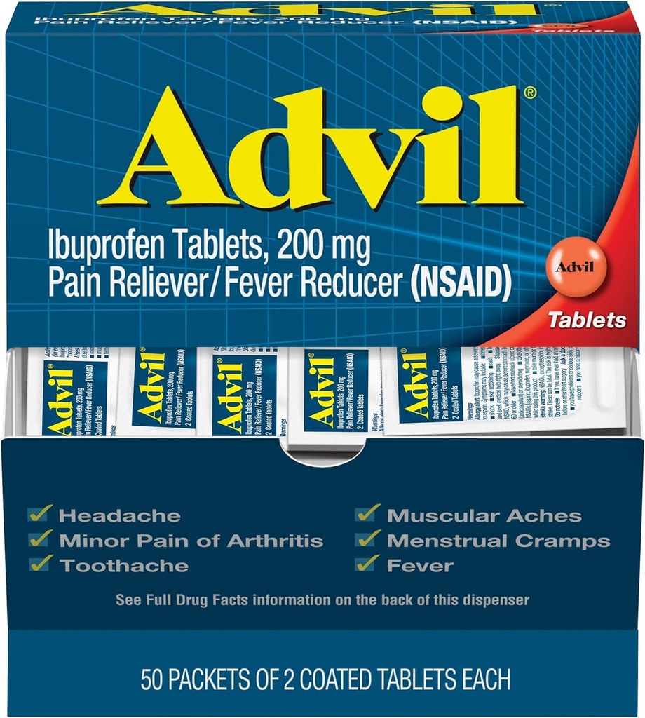 Ibuprofēns, 200 mg (50 iepakojumi pa 2 apvalkotām tabletēm) 50 ea (iepakojums pa 3)
