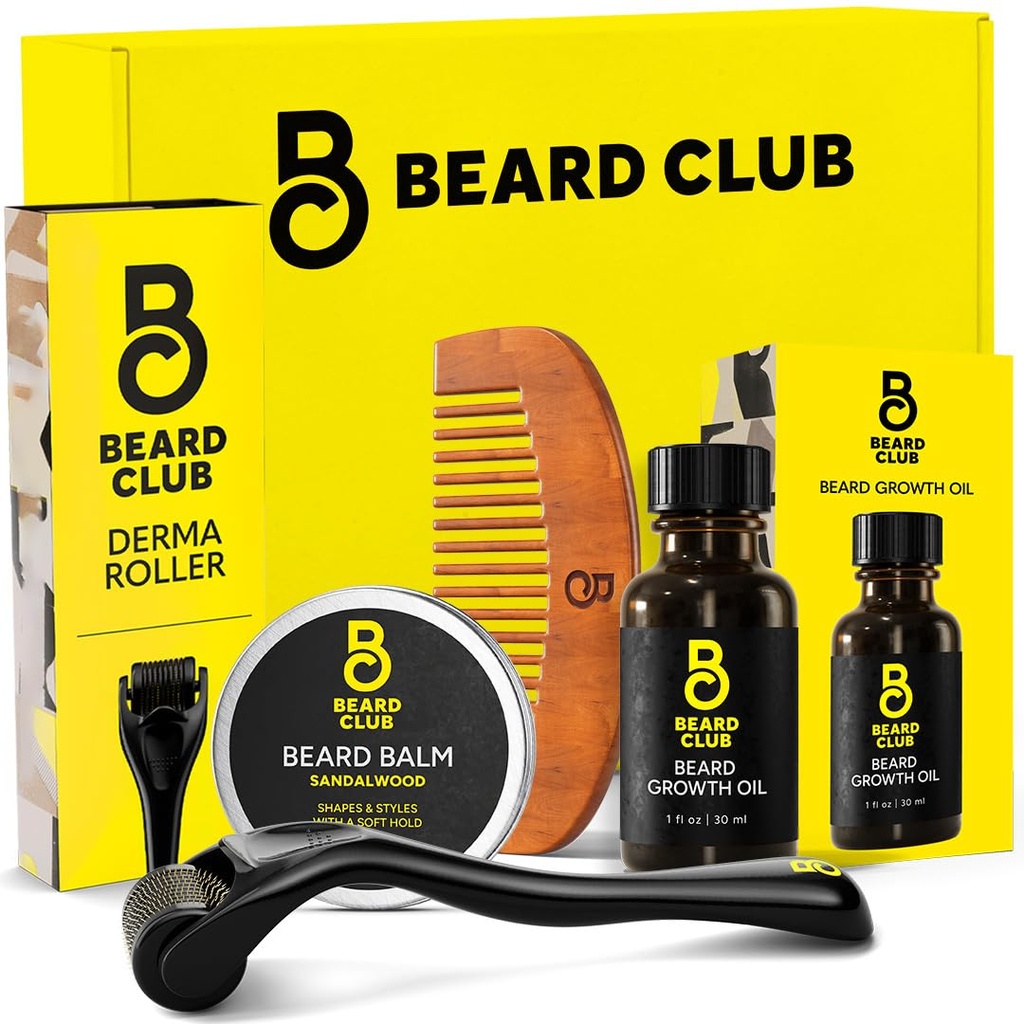 Bārda klubs bārda augšanas komplekts - Derma Roller, bārda augšanas eļļa, Sandalwood Balzams, Comb - Dāvanu komplekts