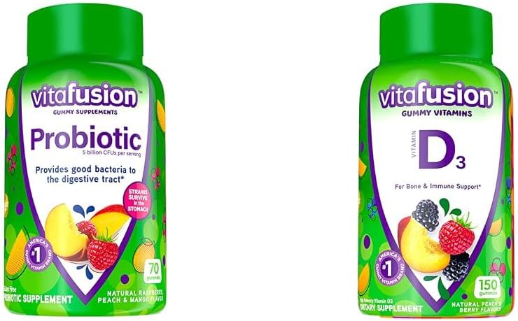 Vitafusion Probiotic Gummy bagātinātāji, aveņu, persiku un mango Flavors & vitamīns D3 Gummy Vitamīni kaulu un imūnās sistēmas atbalsts