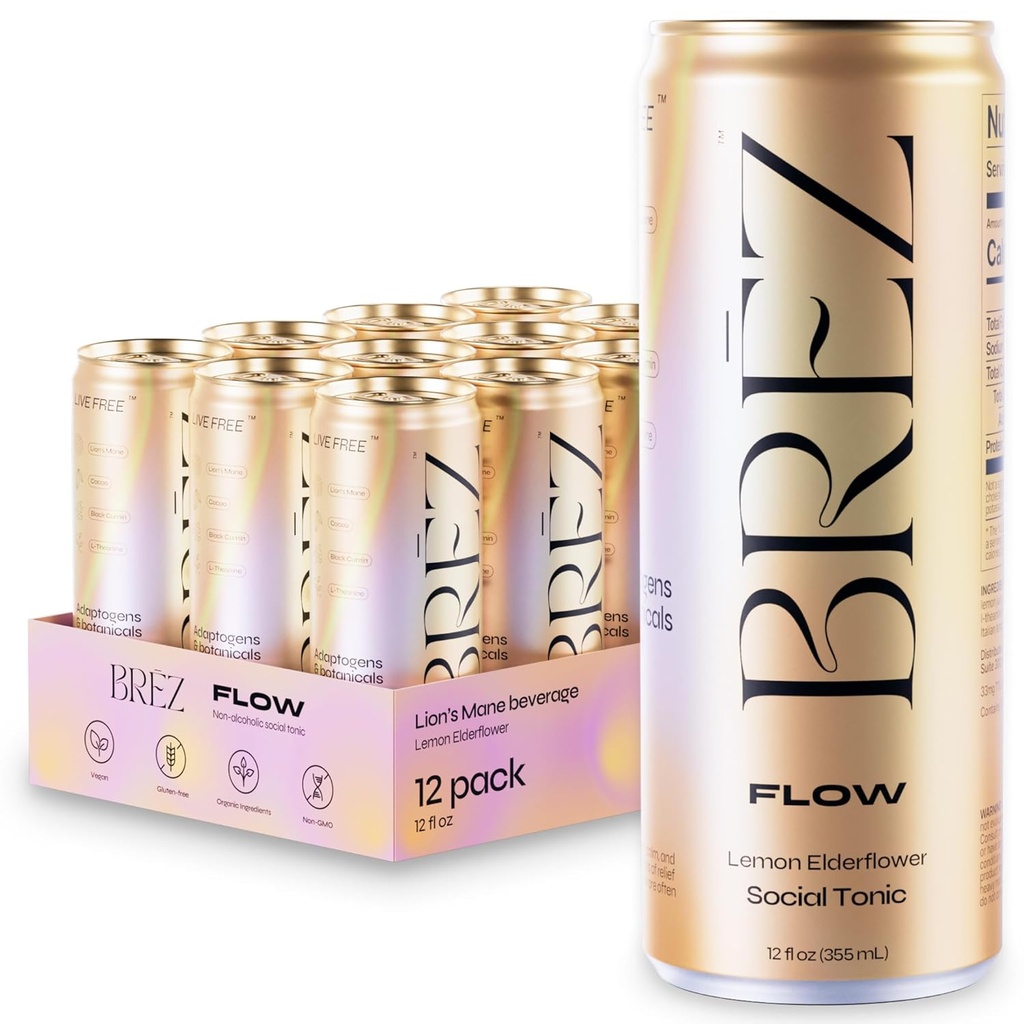 BREZ FLOW Lion s Mane Sēņu dzēriens, 12-Iepakojums, Nav infusioned, Adaptogens, Relieving, Uplifting, un Social, Dzirkstošais citronu plūškoka toniks 12 Fl