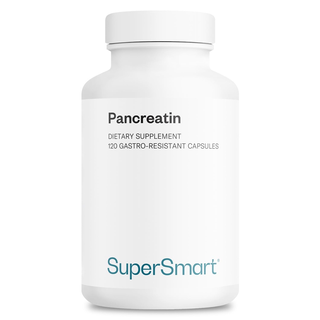Supersmart - pankreatīns 10X 4000 dienā (Extra Strength) - Gremošanas fermentu papildinājums - ar proteāzi, lipāzi, amilāzi, tripsīnu - Veselīgas gremošanas atbalsts - Bez GMO un lipekļa - 120 DR kapsulas