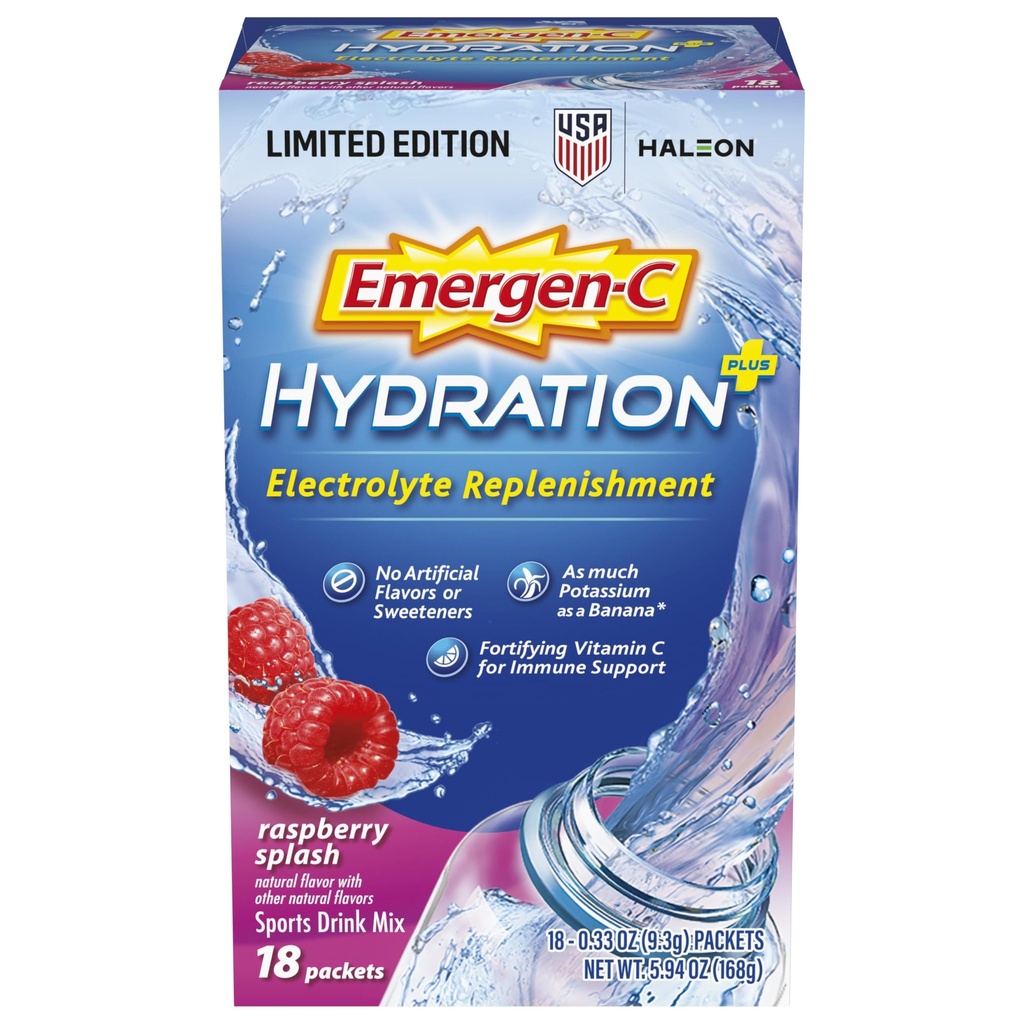 Emergen-C Hydration+ Sporta dzēriens maisījums ar C vitamīnu (18 Skaits, Aveņu Flavor), Elektrolītu papildināšana, 0.33 Paugurveida pulvera paketes