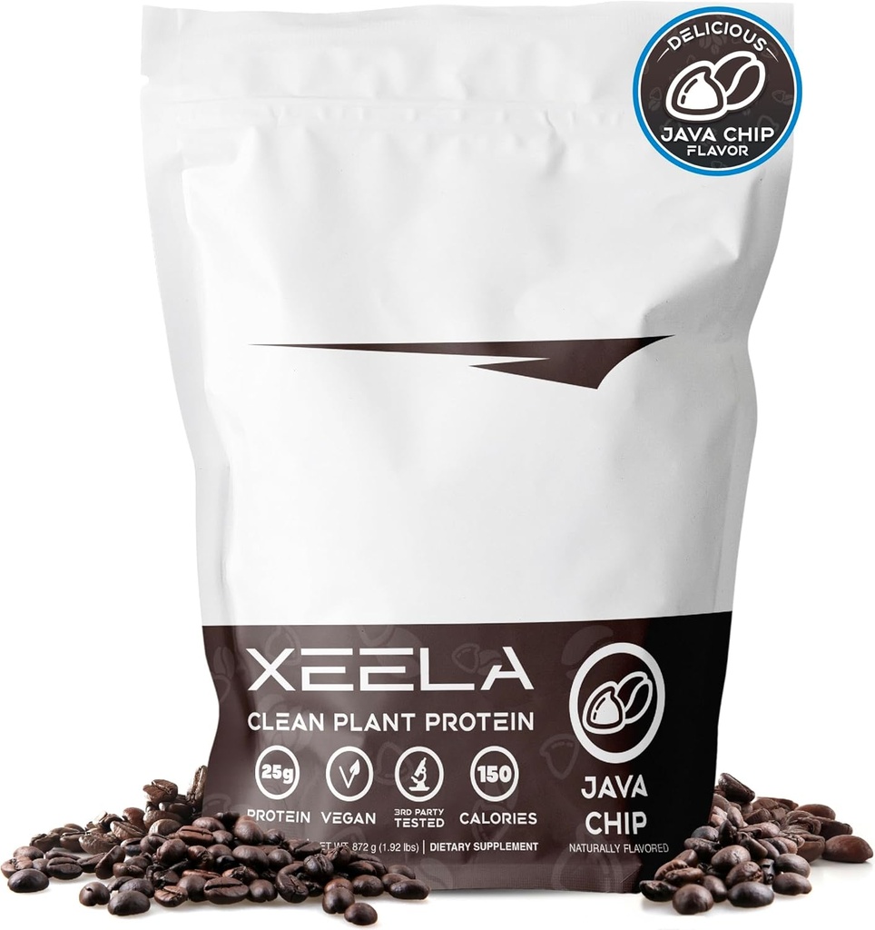 XEELA Augu bāzes Vegan Olbaltumvielu pulveris - neatkarīgi pārbaudīts - 25g augsts proteīns, pīļu proteīns vīriešiem un sievietēm - Vitamīni un minerālvielas, neĢMO, bez piena un glutēna, ar zemu oglekļa saturu un zemu tauku saturu (Java Chip)
