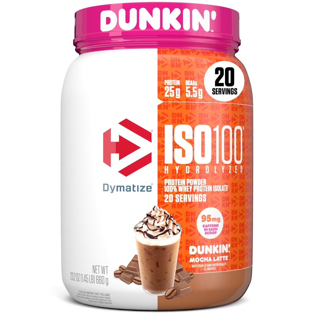 Dymatize x Dunkin' Mocha Latte ISO100 sūkalu olbaltumvielu pulveris, 95mg kofeīns, 25g olbaltumvielu, 5.5g BCAAs, 120 Cal., bez lipekļa, 1g tauku, 1g cukura, 3g ogļhidrāti (20 Kalpo)