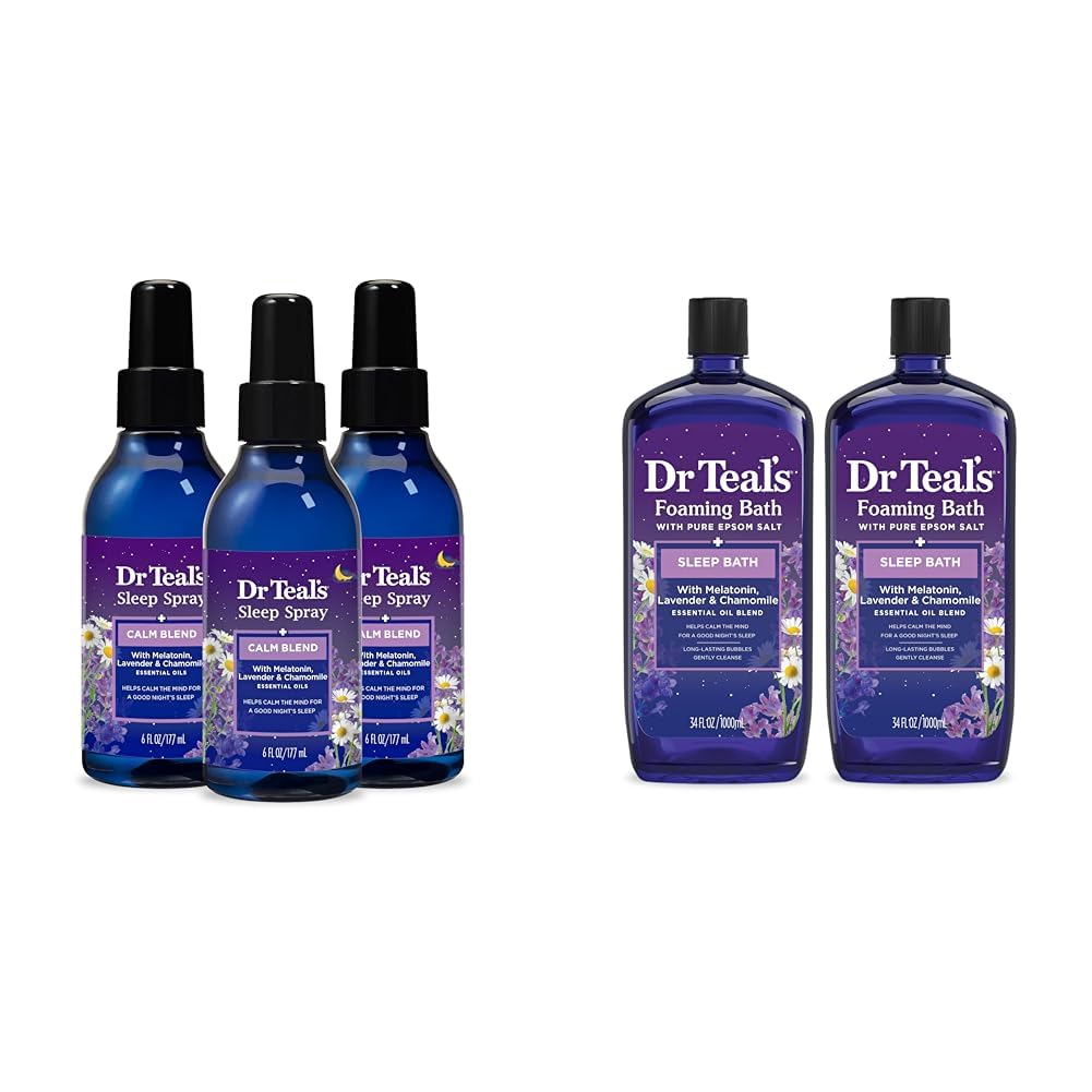 Dr. Teal's Miega smidzinātājs ar melatonīnu un essential Oil Blend, 6 fl oz & Putu vanna ar Pure Epsom Sāls, Miega smidzinātājs ar Melatonīnu, Lavanda un kumelīšu ēteriskās eļļas, 34 fl oz