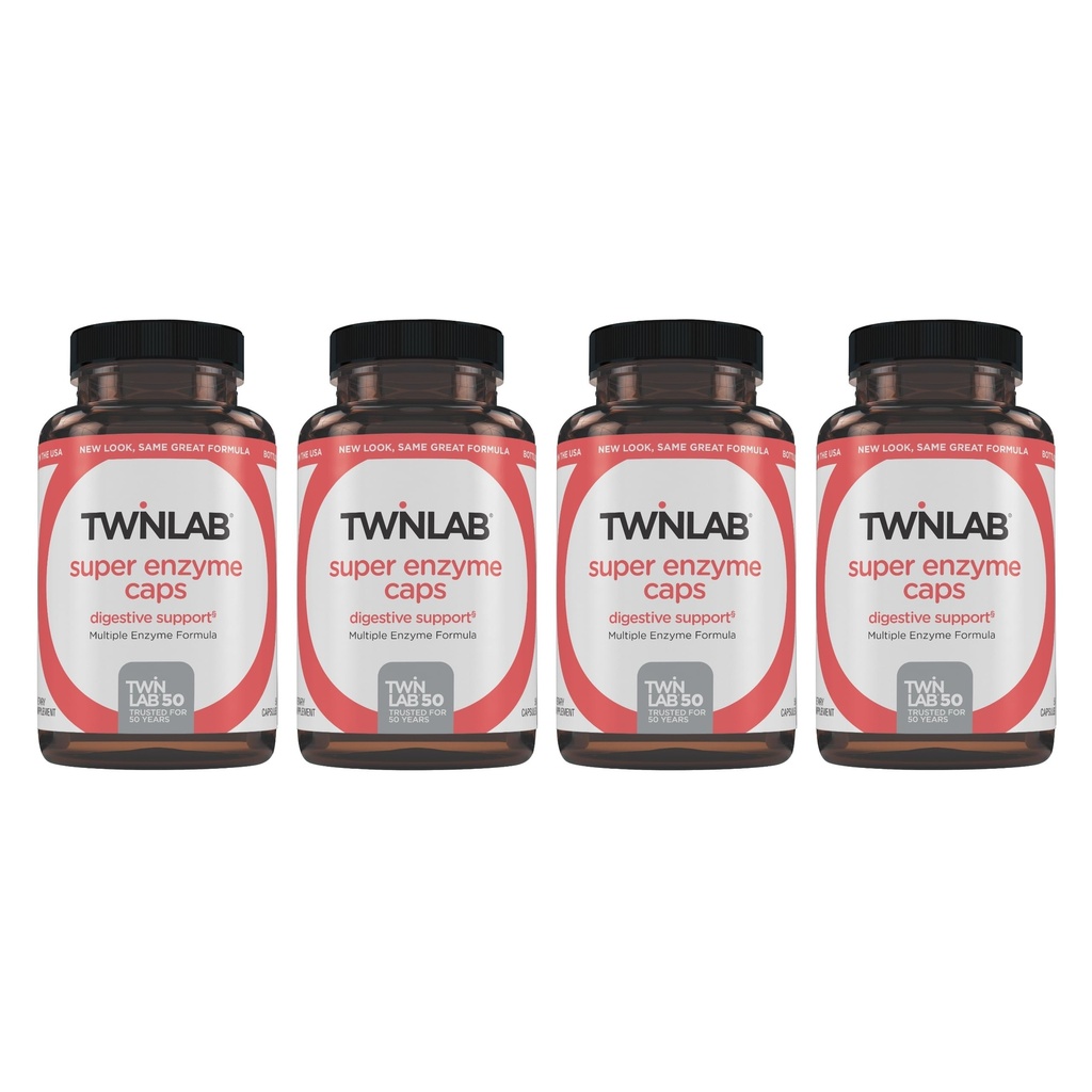 Twinlab Super Enzīmi Caps - Aizcietējuma papildinājums ar gremošanas enzīmiem - 50 kapsulas (iepakojums no 4)
