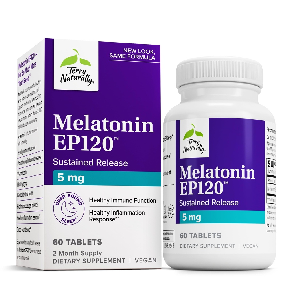 Terry Dabīgs Melatonin EP 120 5mg - Miega atbalsts Papildinājums ar antioksidantiem - Bezglutēna Papildinājums veselīgam miegam - Uztura papildinājums palīdzībai Veselīga novecošana un imūnā veselība - 60 tabletes