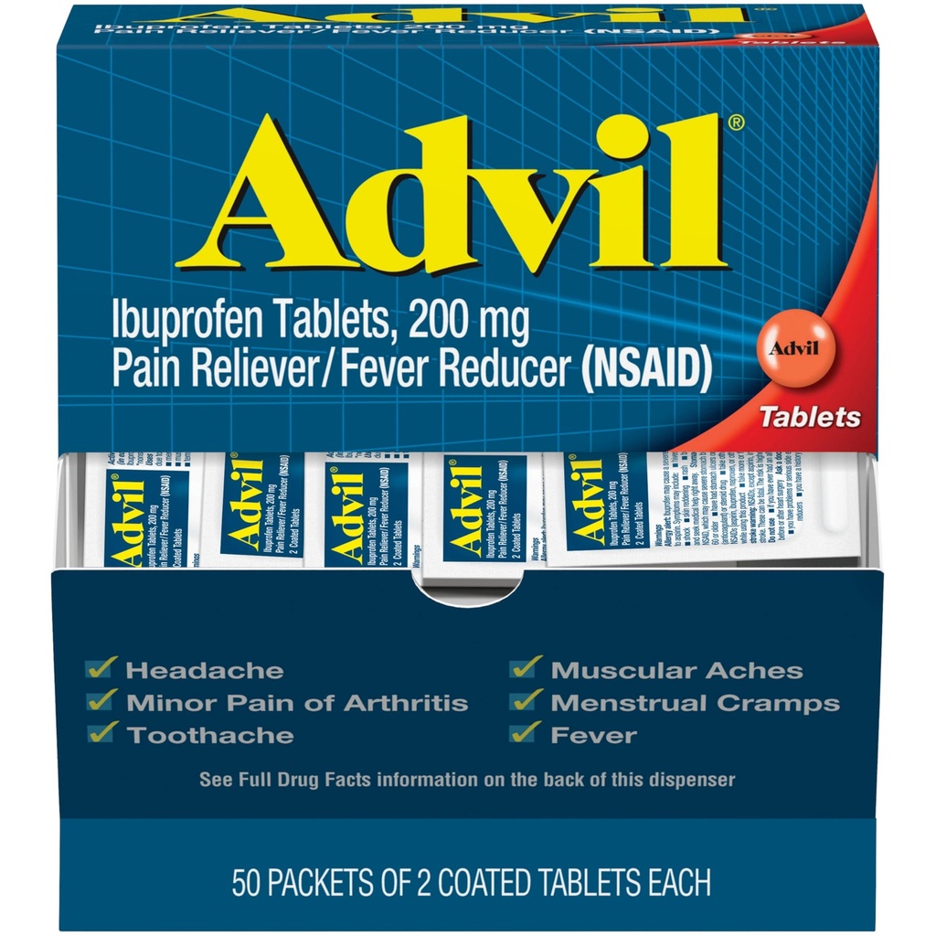 Advila sāpes Reliver un drudzis Reduktors, sāpes atvieglojošas zāles ar Ibuprofēnu 200 mg galvassāpes, muguras sāpes, menstruālas sāpes un locītavu sāpes atvieglošana - 50x2 apvalkotās tabletes