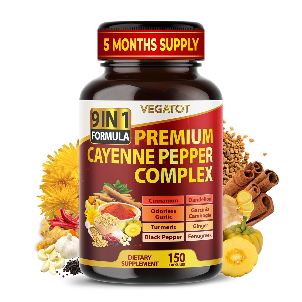 Organic Cayenne Pepper 9IN1 Complex ar kanēli, ingveru, kurkuma vispārējai veselībai, imūno sistēmu, gremošanas labsajūtu (150 skaitīšana (1. iepakojumā))