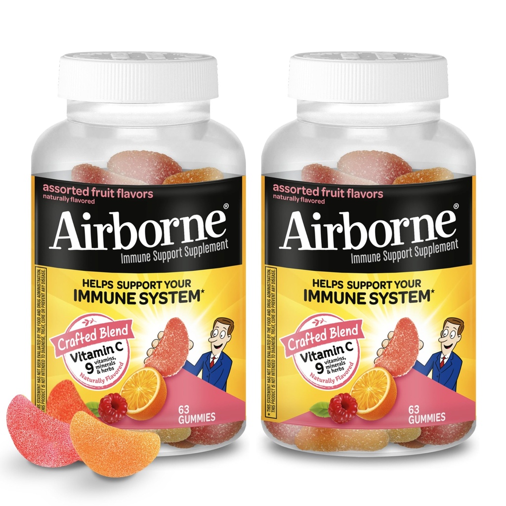 Airborne 750mg Vitamīnu C Gumijas pieaugušajiem, Imūnsupport Gumijas ar spēcīgiem antioksidanti VIT C & E, Kofeīns Bezmaksas - 2x63ct Pudele (42 Servējumi), Asorti augļu Flavor