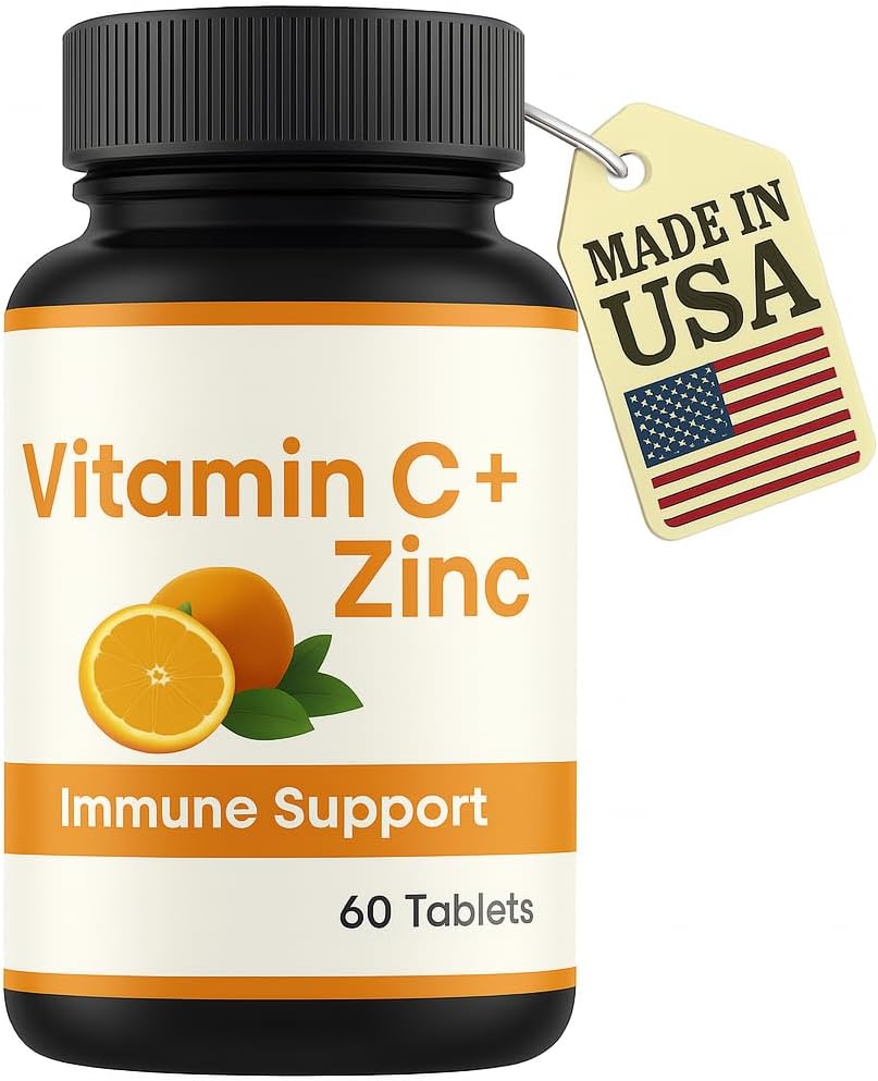 LLC C vitamīna tabletes 1000mg ar cinku – Imūnās palīdzības papildinājums pieaugušajiem – augstas iedarbības antioksidants – atbalsta ādas veselību un aukstuma atvieglojums – ne-GMO, bez lipekļa – 60 tabletes