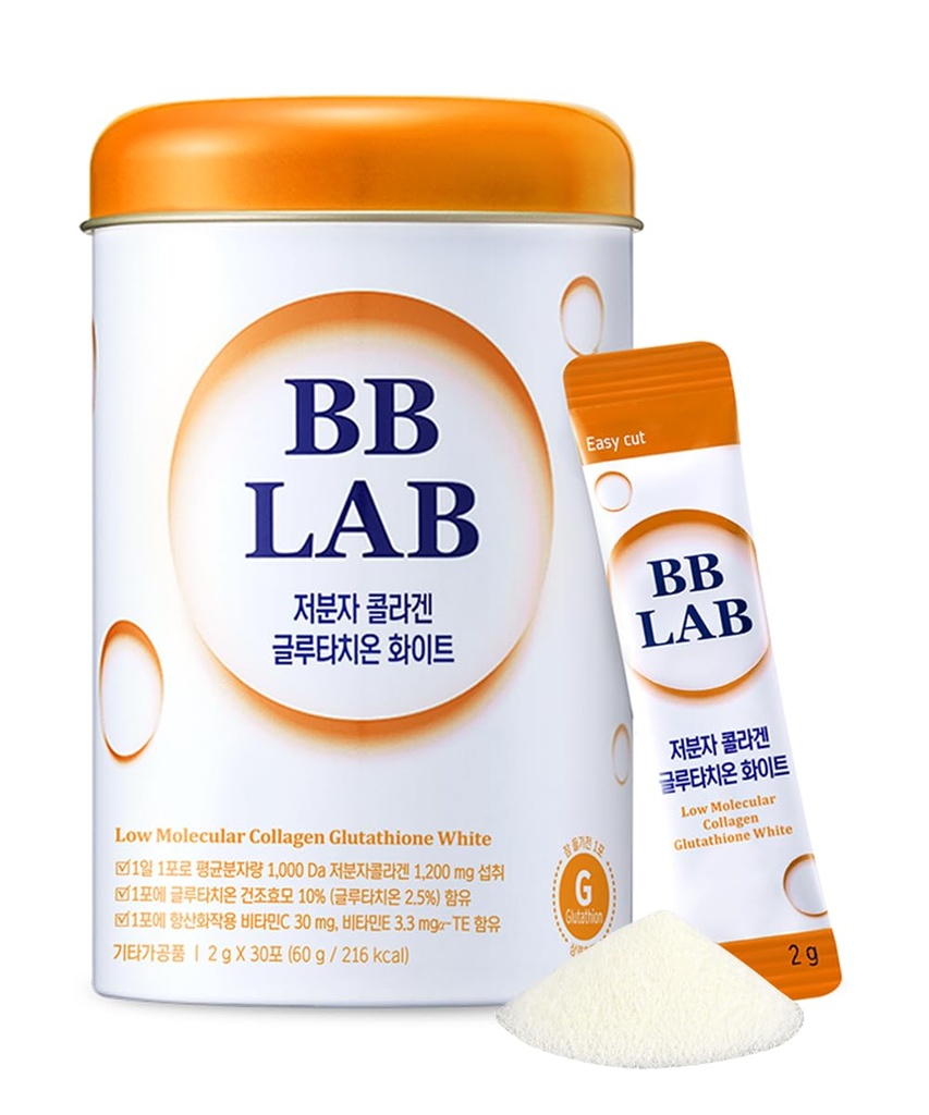 BB LAB kolagēna glutations baltais, zemas molekulārās Korejas stick papildinājums, zivju peptīdi, C vitamīns, E vitamīns, glutations, ātra abosorpcija, apelsīnu flavors