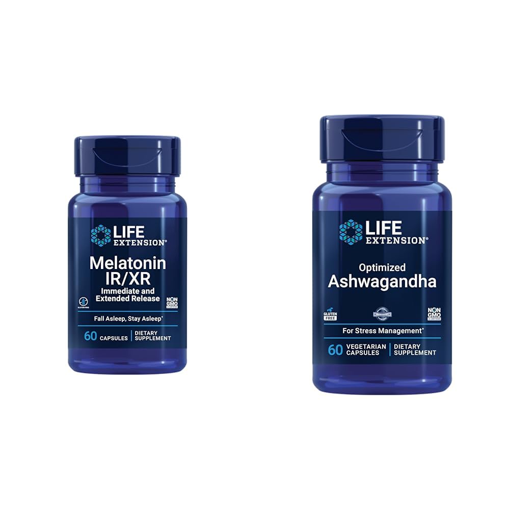Life Extension Melatonīna IR/XR & Optimizēta Ashwagandha - Miega, Stresa atvieglošana, Fokuss, Atmiņa - 60 kapsulas