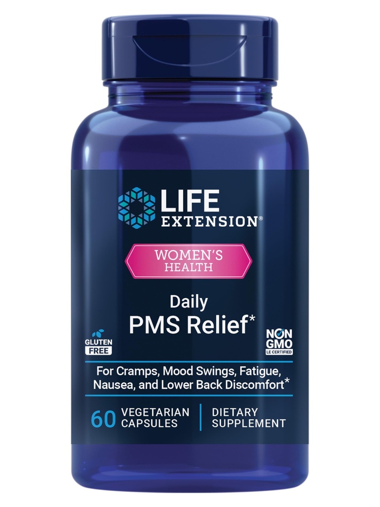 Life Extension Daily PMS Relief, Menstrual Comfort papildinājums, ar PMS saistīti krampji, diskomforta sajūta muguras lejasdaļā, garastāvoklis, ingvers, magnijs, B6, bez lipekļa, ne-GMO, 60 kapsulas