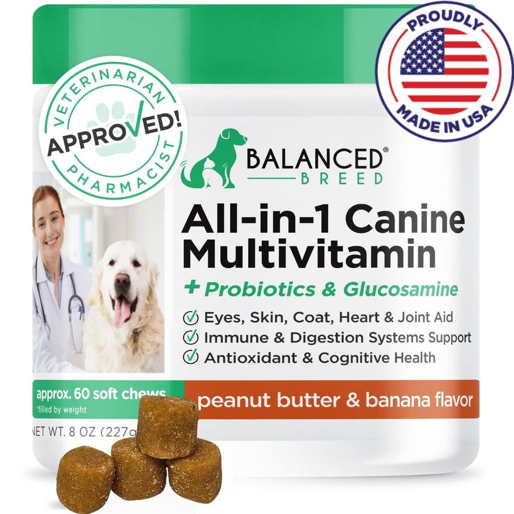 Sabalansēta Šķirne All-in-1 Dog Vitamīni Papildinājumi Ražots ASV Vet-Pharmacist Apstiprināts Suņu Multivitamīnu Probiotikas Glikozamīns Hondroitīns Suņi Salmon Oil Ādas Coat Imūnās Senioru Suņi Papildinājums NonGMO