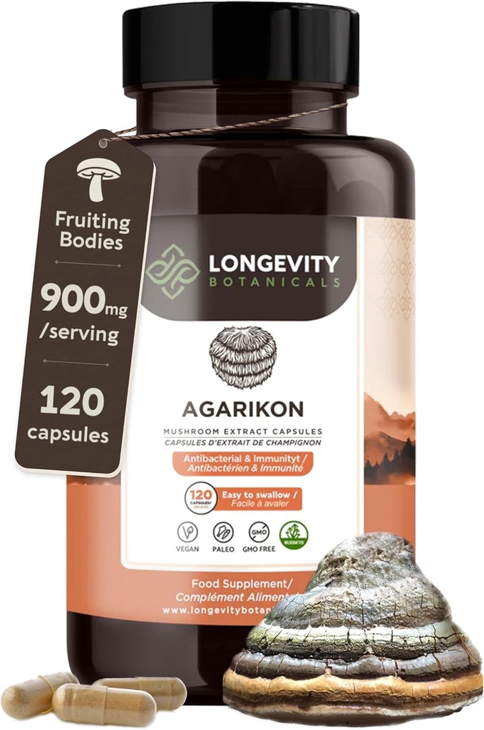 Longevity Botānika Agarikon Sēņu ekstrakts Kapsulas (120) ; Koncentrēta 10:1 Attiecība ; 100% Augļķermeņi; Laricifomes Officinalis Papildinājums Imunity & Respiratorais atbalsts