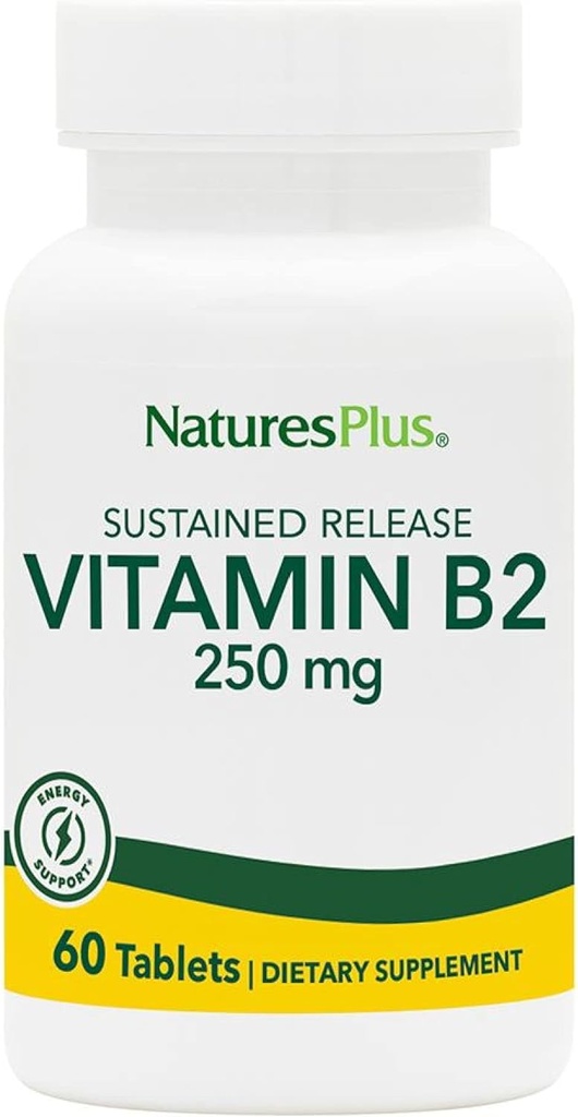 NaturesPlus vitamīns B2 (Riboflavin) - 250 mg, 60 Veģetārās tabletes, ilgstoša atbrīvošana - dabas enerģija un vielmaiņas pastiprinātājs, veicina vispārējo veselību - bez lipekļa - 60 Kalpo