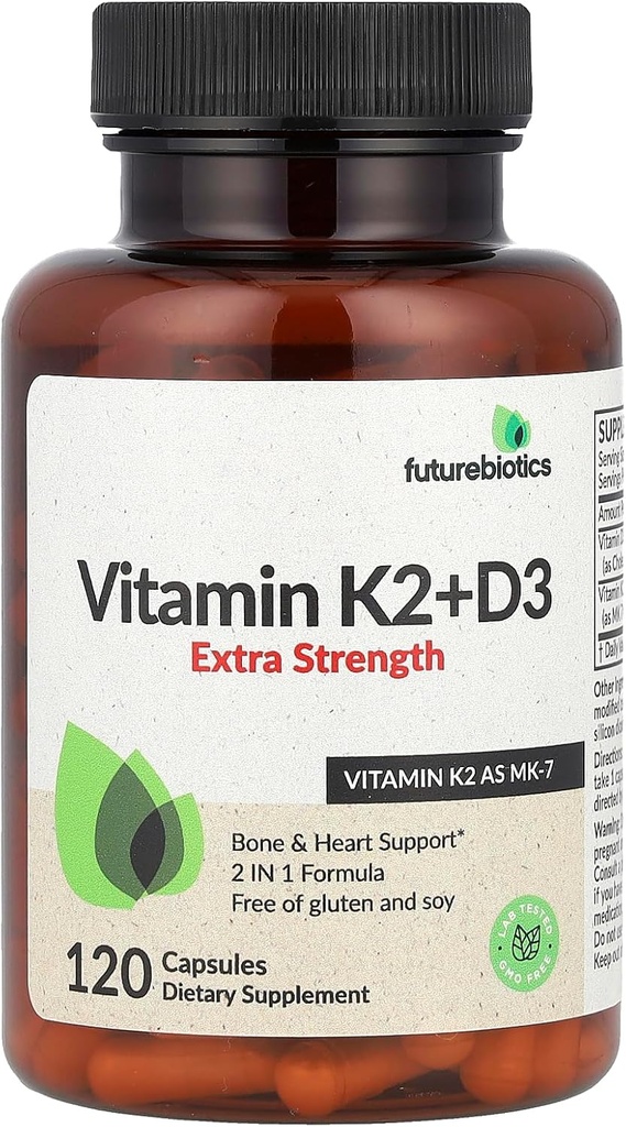 Futurebiotics K2 vitamīns + D3, papildus stiprums, 120 kapsulas