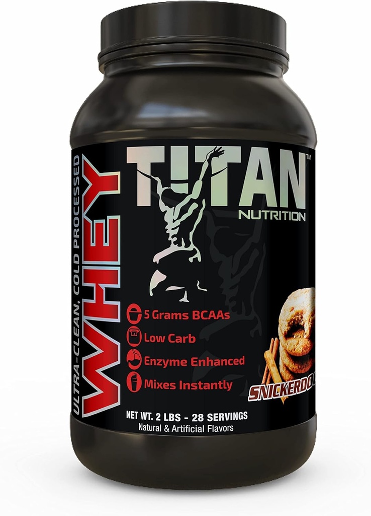 Titan Whey Protein pulveris - Premium, ātri absorbējošu Sūkalas ar 23g olbaltumvielu, BCAAs, & Gremošanas enzīmi uz vienu apkalpo - Atbalsta Lean Muskuļu Masa un Optimāla Gremošana - 2 Dūnas, Snickerdoodle