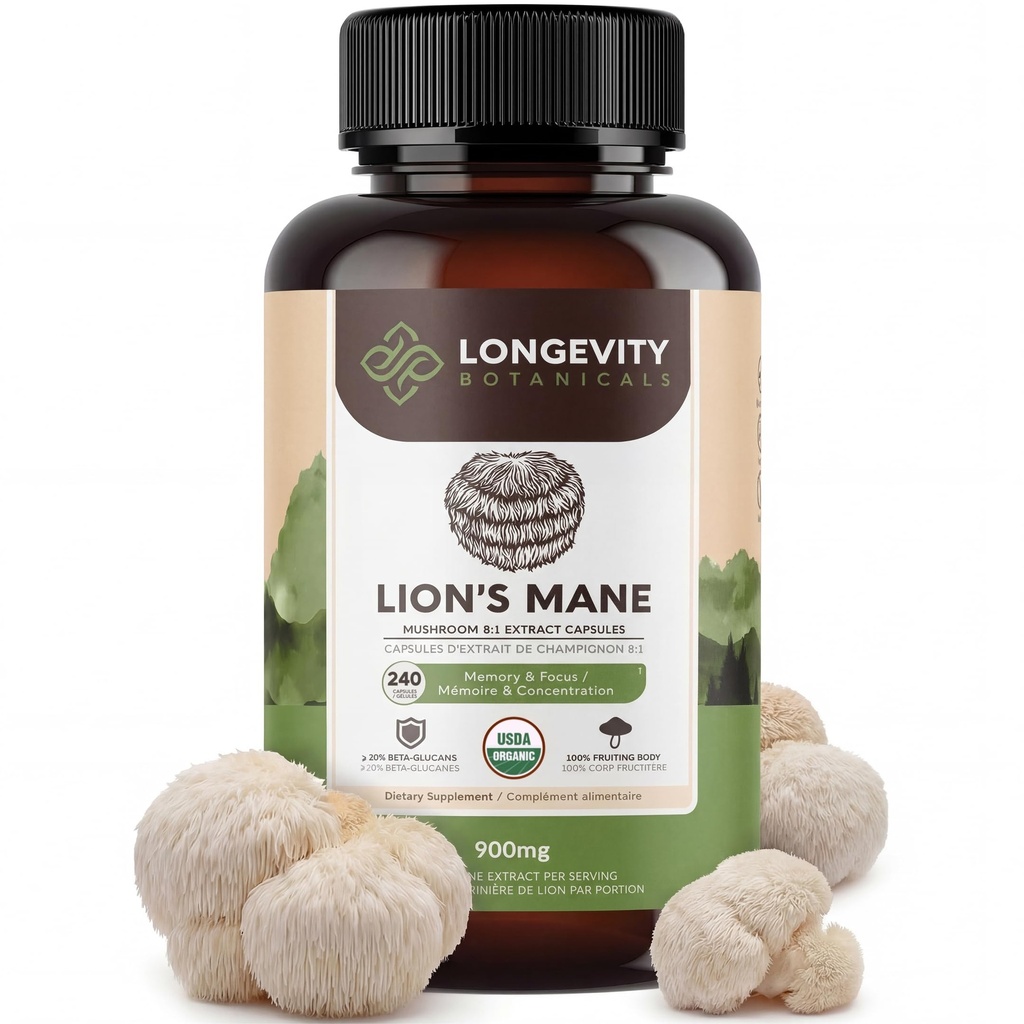 Lion’s Mane Sēņu ekstrakts Kapsulas (240) • Koncentrēts 8:1 Attiecība    