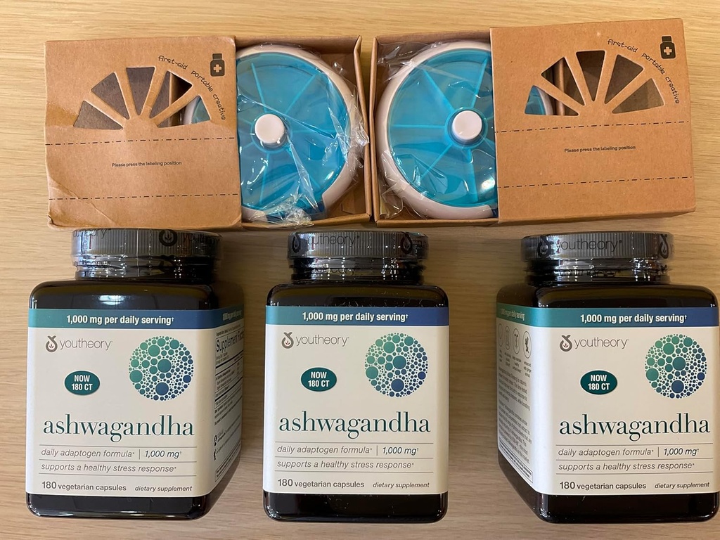 Youtheory Ashwagandha 1000mg ar KSM-66 - Palīdz atbalstīt veselīgu stresa reakciju,180 kapsulas (3. iepakojuma) un 2 Pill Orgnizer