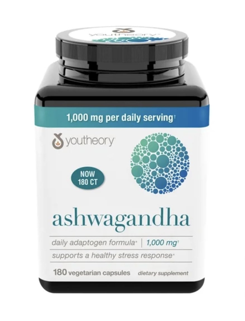Youtheory Ashwagandha 1000mg ar KSM-66 - Palīdz atbalstīt veselīgu stresa reakciju,180 kapsulas (iepakojums no 1)