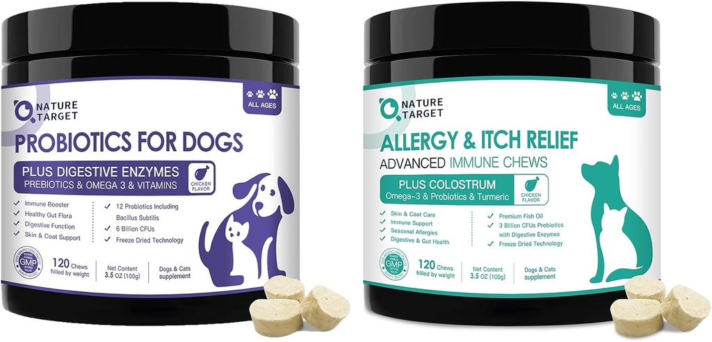 DABAS MĒRĶA probiotikas suņiem, ar prebiotikām un gremošanas enzīmiem, vitamīniem un omega 3 alerģijas nieze atvieglojumu, samazināt caureju, gāze, pārtraukt pawlicking, karsti plankumi, karsts