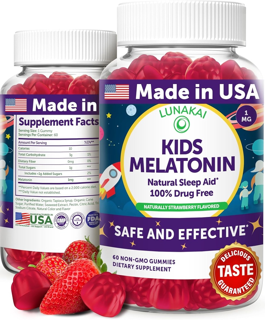 Lunakai ASV Made Kids Melatonin Gummies 1mg - Drošs un dabisks miegs bērniem 2+ - Ne-GMO, Vegan, Gluten-free - 60 Count